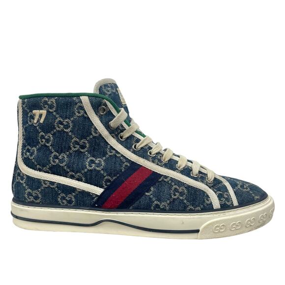 Gucci 1977 Tennis High Top Sneakers GG Monogram Denim Blue Size 8.5/ 9 - Picture 1 of 14